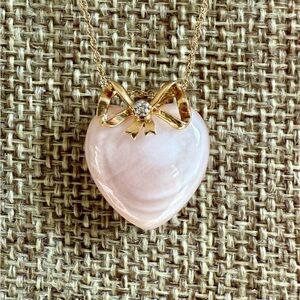 Cute Pink Quartz Heart Necklace with 14k Gold Bow